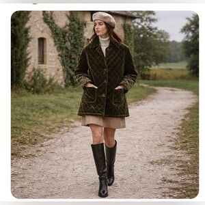 FRNCH Paris Olive Mossy Green Quilted Field Velvet Chore Jacket Size M